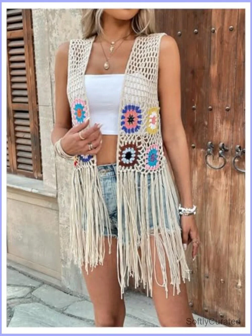 Fringe Vest Embroidered Crochet Tassel Cardigan Cowboy Western Hippie Top - Picture 3 of 5